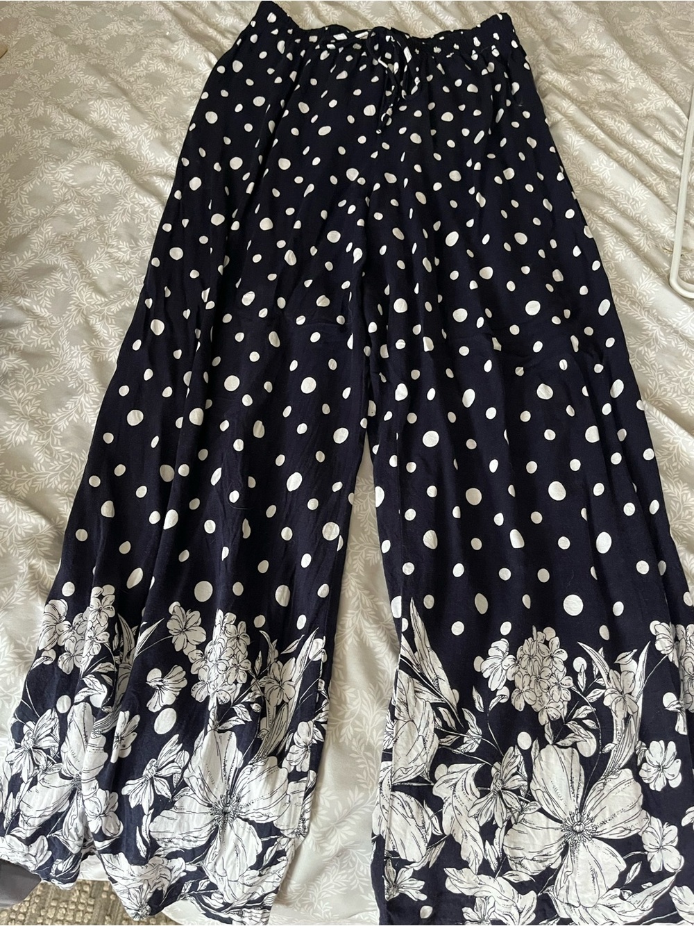 Polka Dot Wide-Leg Pants with Floral Hem - Navy/White